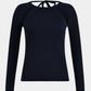 blouse, bluse, langærmet, strik, knit, detaljer, huller, dyb ryg, tætsiddende, stram, blå, mørkeblå, dark blue, kvinde, dame, woman, elegant, fin, feminin, hverdag, fest