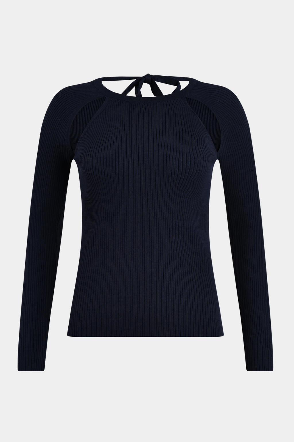 blouse, bluse, langærmet, strik, knit, detaljer, huller, dyb ryg, tætsiddende, stram, blå, mørkeblå, dark blue, kvinde, dame, woman, elegant, fin, feminin, hverdag, fest