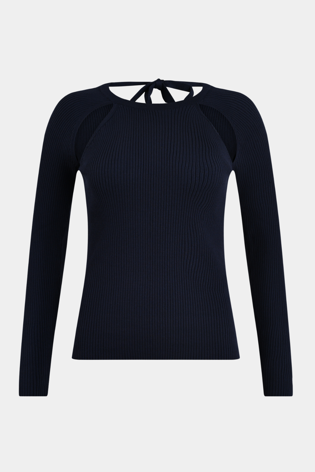 blouse, bluse, langærmet, strik, knit, detaljer, huller, dyb ryg, tætsiddende, stram, blå, mørkeblå, dark blue, kvinde, dame, woman, elegant, fin, feminin, hverdag, fest