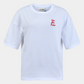 t-shirt, tshirt, bluse, kortærmet, hvid, white, cool, oversize, oversized, løs, stor, broderet, tekst, print, rød, red, citat, rund hals, sporty, kvinde, dame, woman, hverdag, cool, rå