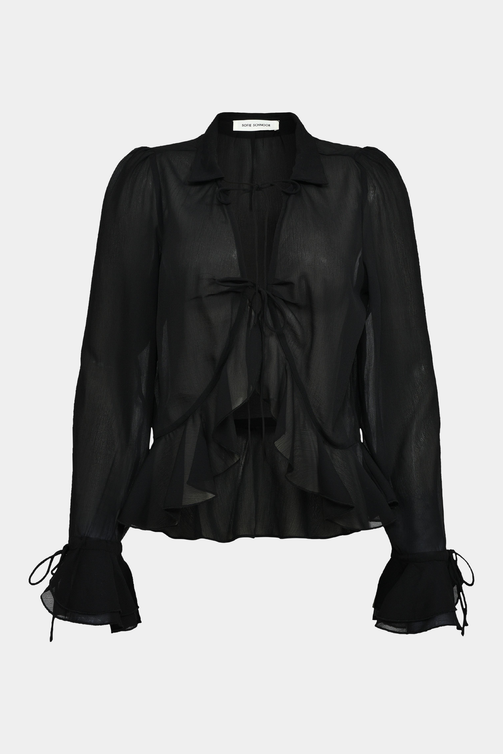 bluse, bluse, let, transparent, gennemsigtigt, see through, flæse, flæser, langærmet, løs, loose, black, sort, bindebånd, snor, cardigan, jakke, elegant, fin, feminin, hverdag, fest, kvinde, dame, woman