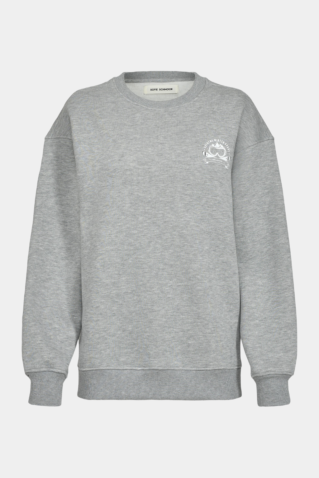 bluse, sweat, blouse, sweatshirt, trøje, pullover, grå, grey, melange, meleret, print, tryk, after ski, langærmet, cool, rå, hverdag, løs, loose, feminin, maskulin, kvinde, dame, woman, warm, varm, vinter