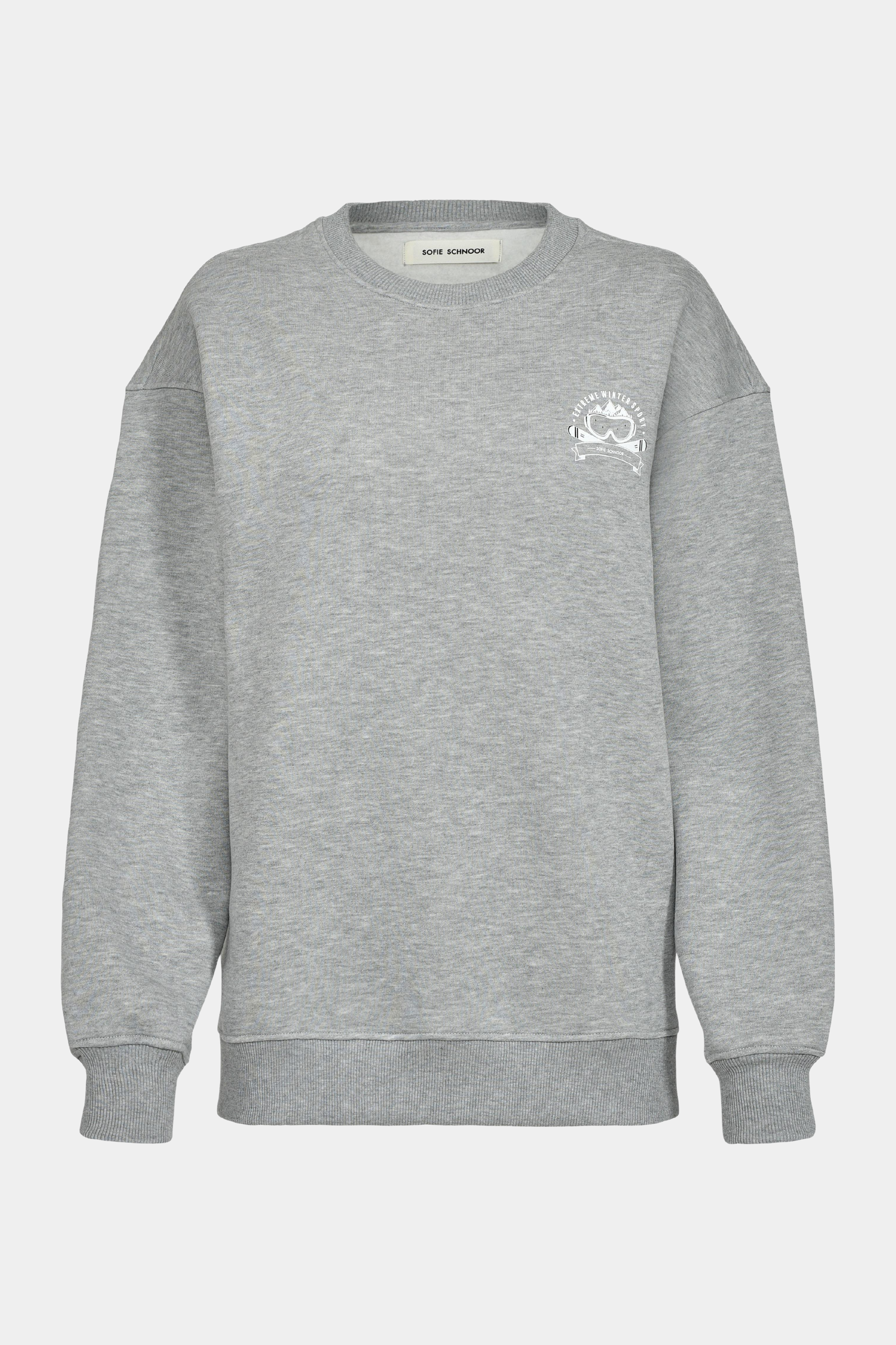 bluse, sweat, blouse, sweatshirt, trøje, pullover, grå, grey, melange, meleret, print, tryk, after ski, langærmet, cool, rå, hverdag, løs, loose, feminin, maskulin, kvinde, dame, woman, warm, varm, vinter