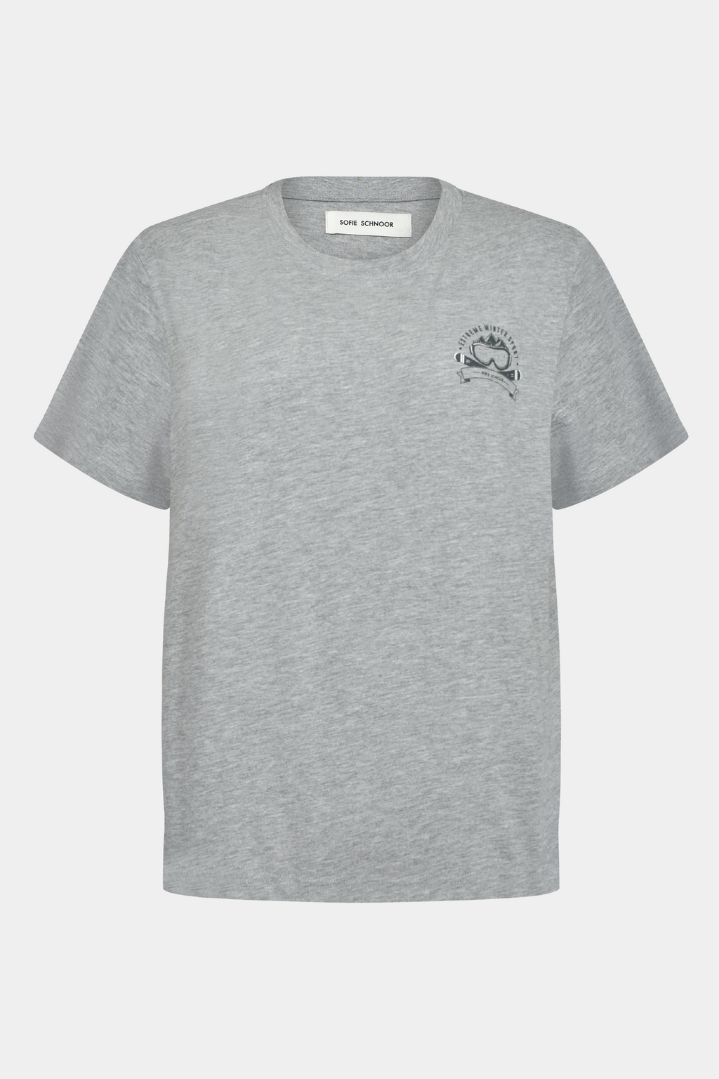 tee, t-shirt, tshirt, kortærmet, løs, loose, oversize, print, tryk, broderet, broderi, after ski, ski, cool, vinter, rå, hverdag, sport, sporty, kvinde, dame, woman, grey, grå, melange, meleret