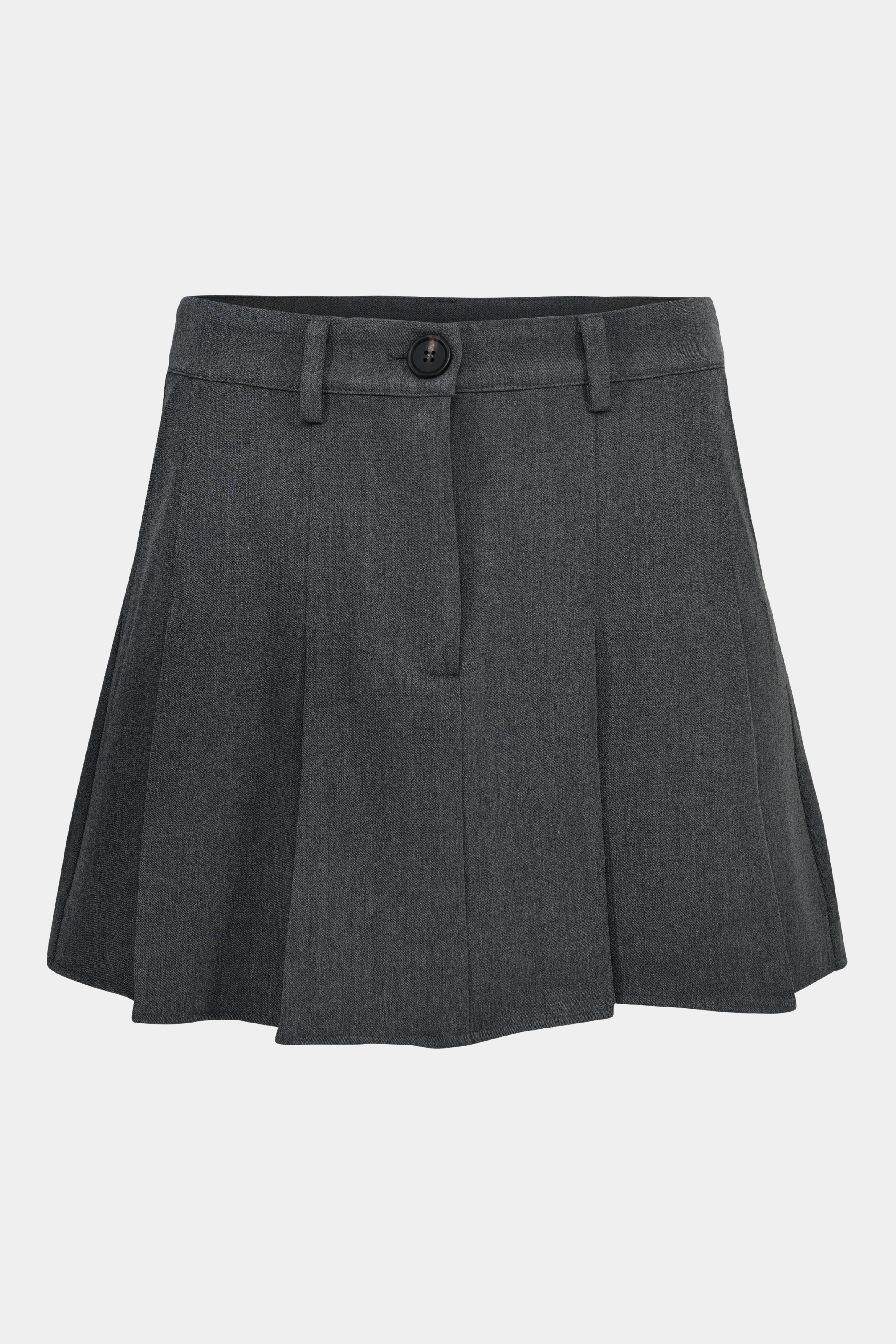 nederdel, skirt, shirt, mini, midi, grå, grey, melange, meleret, plisse, plisseret, short, kort, a-shape, løs, loose, elegant, fin, feminin, kostskole, business, arbejde, work, kvinde, dame, woman