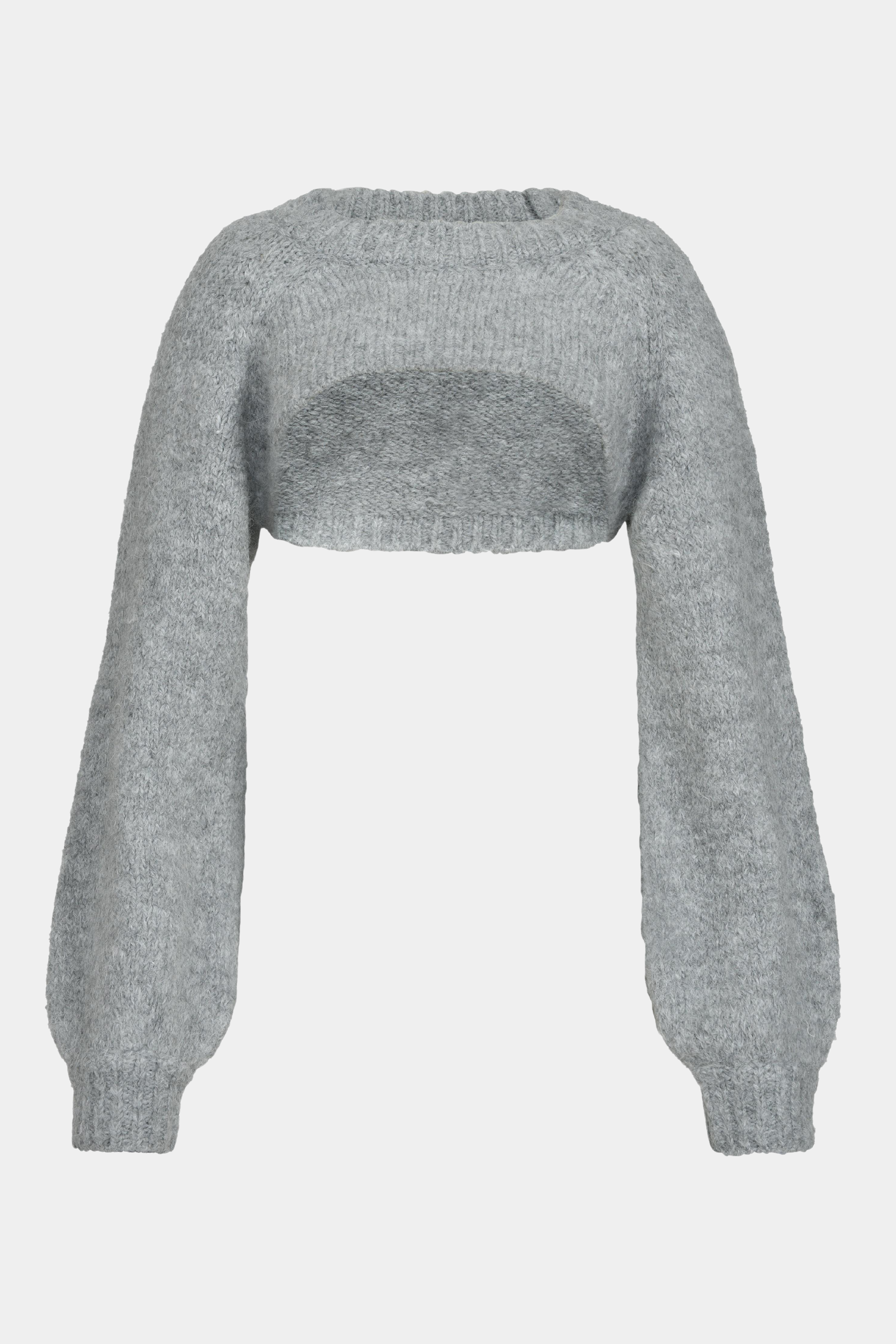 strik, knit, grå, grey, bolero, langærmet, kort, melange, meleret, blød, soft, warm, varm, elegant, fin, feminin, hverdag, fest, kvinde, dame, woman
