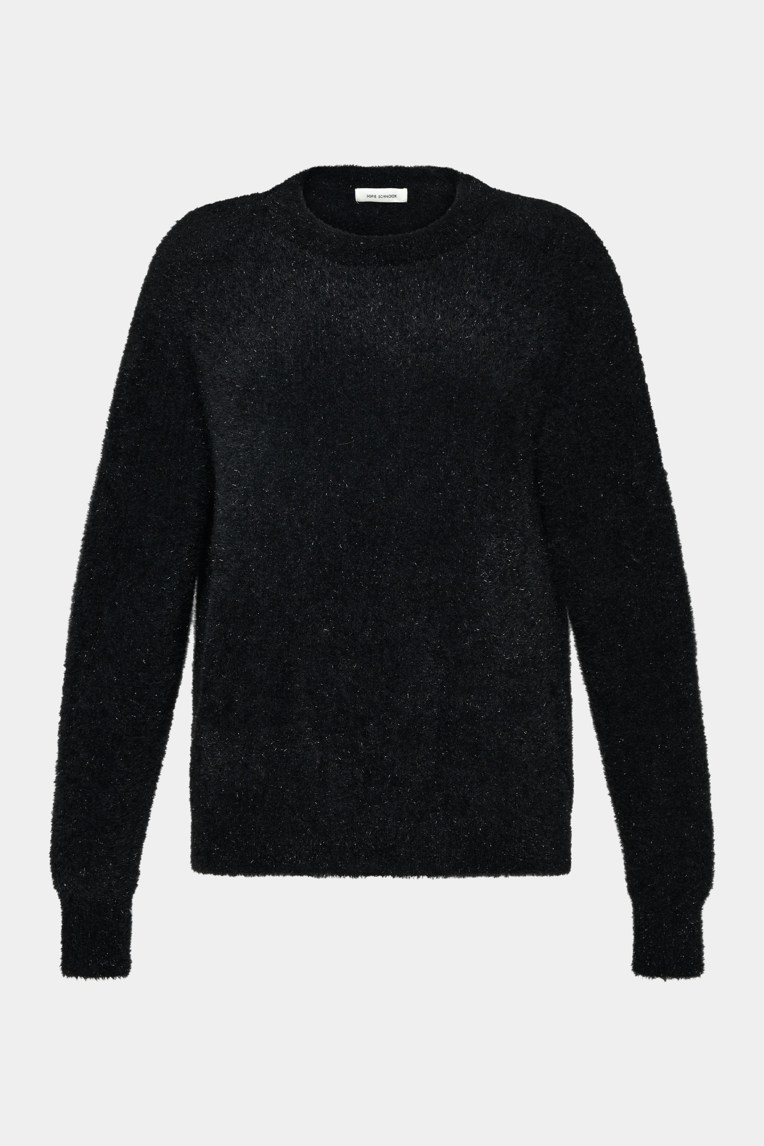strik. knit, trøje, pullover, sort, black, glimmer, glitter, v-hals, langærmet, rund hals, blød, soft, elegant, fin, feminin, varm, warm, kvinde, dame, woman