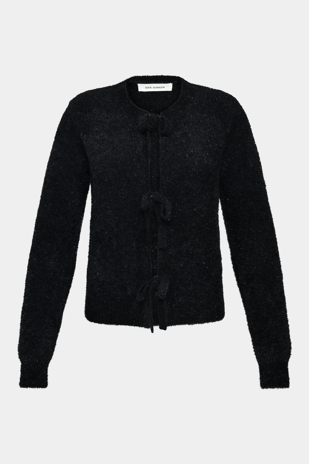 strik, knit, cardigan, bindebånd, sløjfe, langærmet, sort, black, glimmer, glitter, blød, soft, elegant, fin, feminin, varm, warm, vinter, efterår, blød, soft, kvinde, dame, woman