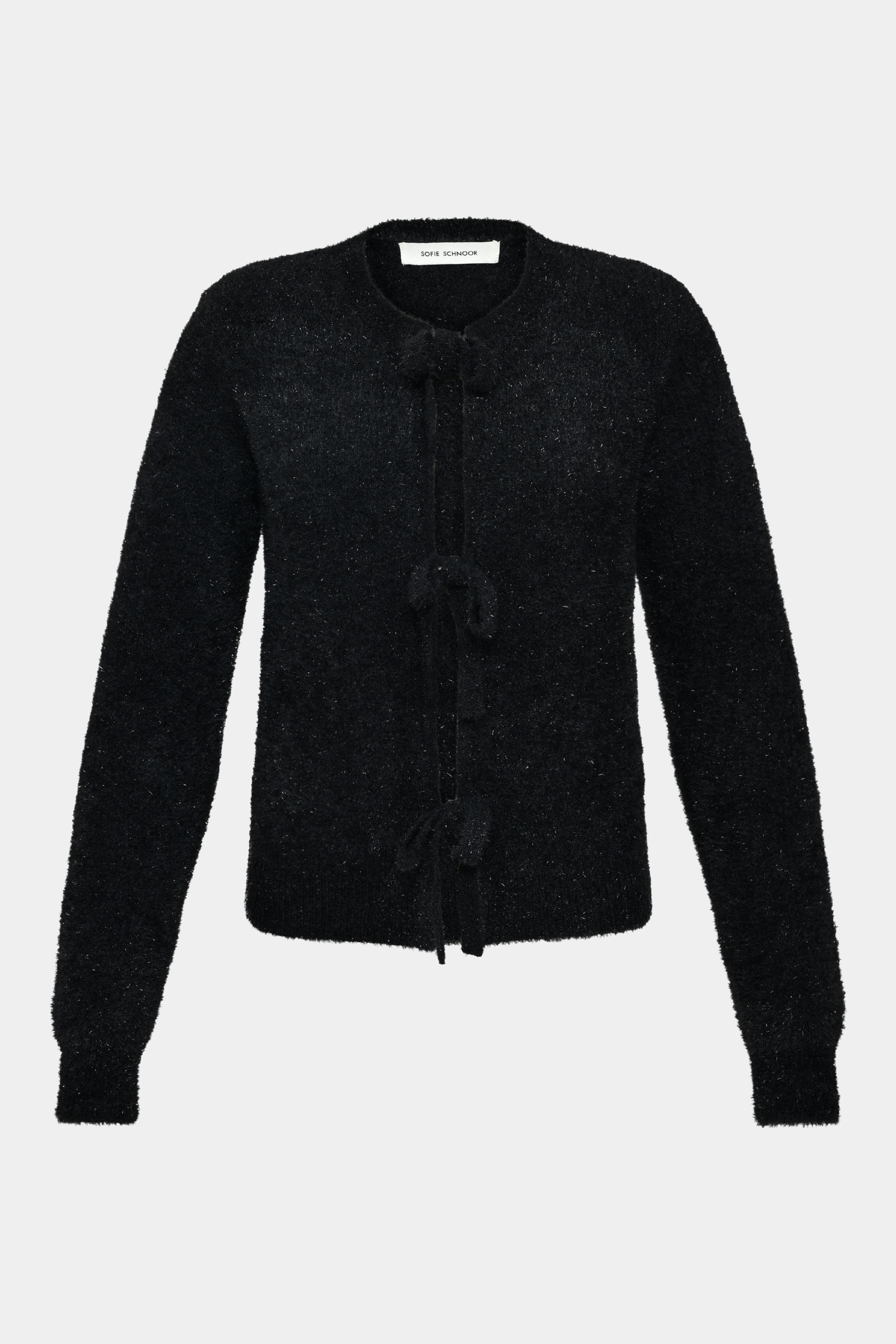 strik, knit, cardigan, bindebånd, sløjfe, langærmet, sort, black, glimmer, glitter, blød, soft, elegant, fin, feminin, varm, warm, vinter, efterår, blød, soft, kvinde, dame, woman