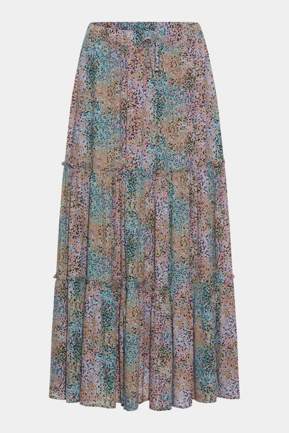 nederdel, skirt, maxi, midi, løs, loose, elastik, vid, vidde, flæse, flæser, prikker, print, farver, multi, pastel, pink, grøn, blå, blue, bindebånd, lang, hverdag, fin, fest, luftig, sommer, kvinde, dame, woman