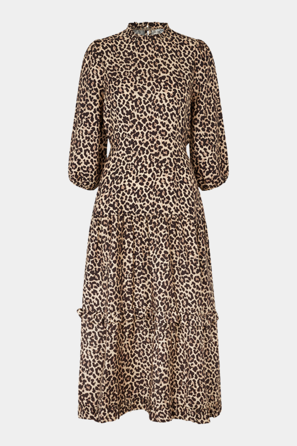 kjole, dress, maxi, maxikjole, maxidress, lang, flæse, flæser, leopard, leo, trekvart, 3/4, højhalset, a-shape, talje, figursyet, fin, fest, elegant, feminin, hverdag, kvinde, dame, woman