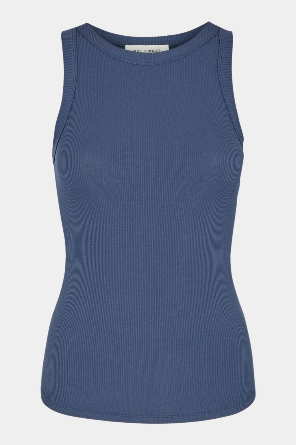 top, bluse, højhalset, basic, basis, rib, ribbet, tank, tanktop, blå, blue, mørkeblå, klassisk, classic, hverdag, sommer, blød, soft, undertøj, kvinde, dame, woman