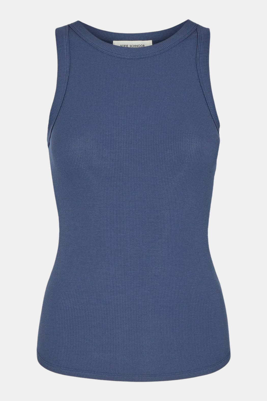 top, bluse, højhalset, basic, basis, rib, ribbet, tank, tanktop, blå, blue, mørkeblå, klassisk, classic, hverdag, sommer, blød, soft, undertøj, kvinde, dame, woman
