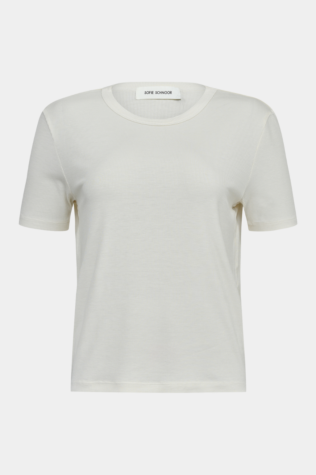 t-shirt, tshirt, top, bluse, rib, ribbet, blød, soft, white, off white, råhvid, egret, kortærmet, rund hals, basic, basis, elegant, fin, feminin, classic, kvinde, dame, woman