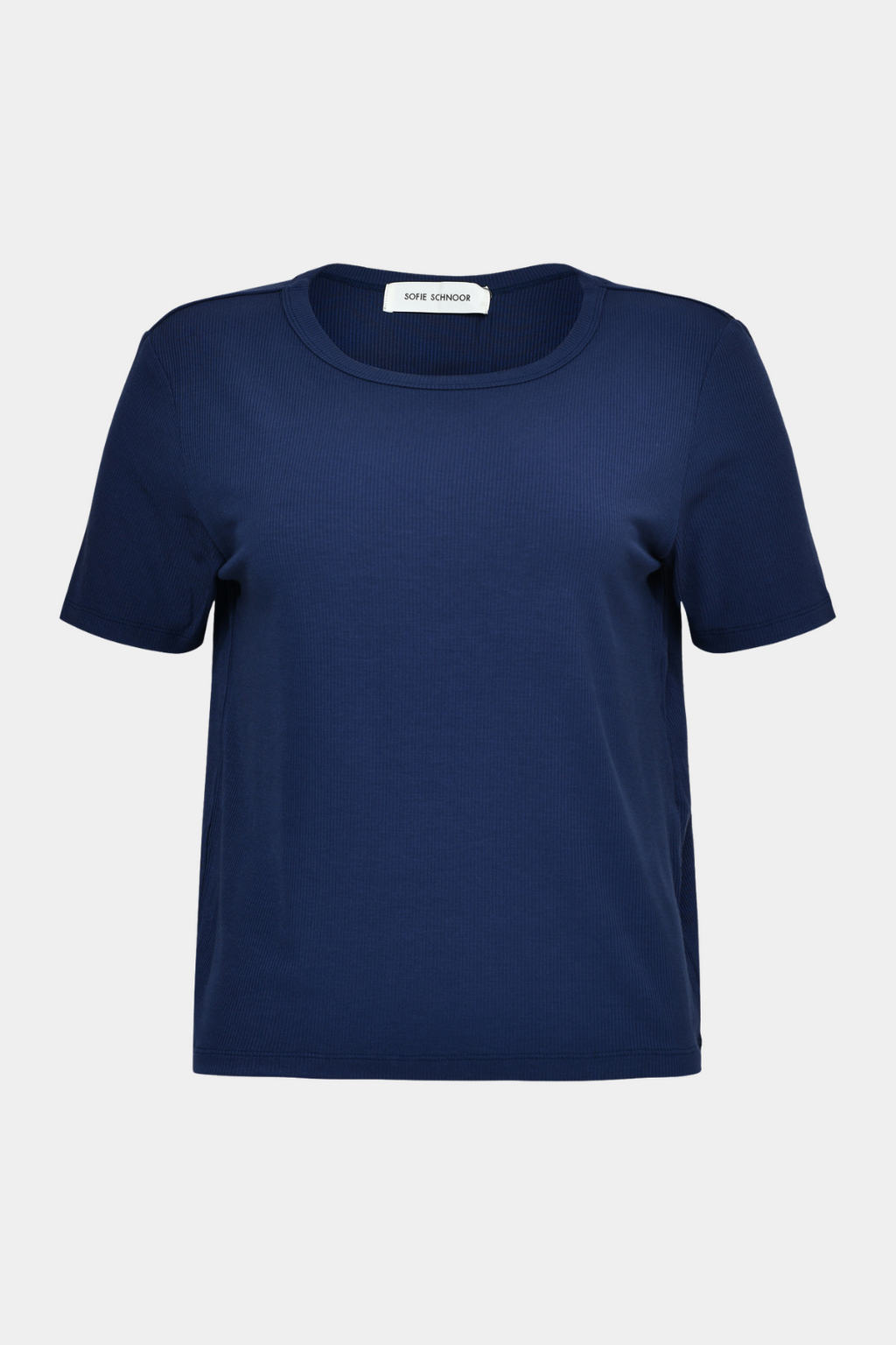 t-shirt, tshirt, top, bluse, rib, ribbet, blød, soft, blå, mørkeblå, dark blue, kortærmet, rund hals, basic, basis, elegant, fin, feminin, classic, kvinde, dame, woman