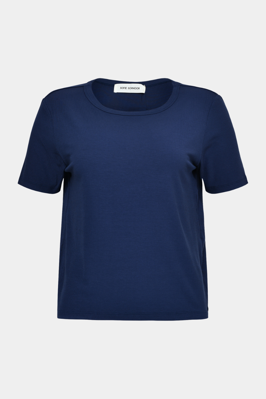 t-shirt, tshirt, top, bluse, rib, ribbet, blød, soft, blå, mørkeblå, dark blue, kortærmet, rund hals, basic, basis, elegant, fin, feminin, classic, kvinde, dame, woman