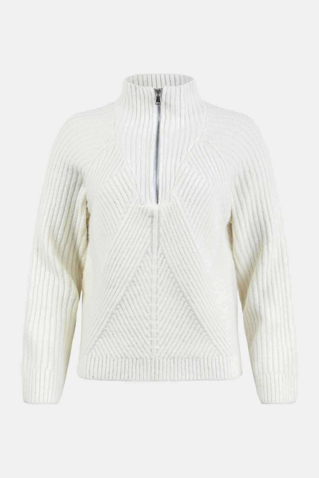 strik, knit, striktrøje, strikbluse, pullover, sweater, mønster, strikmønster, lynlås, krave, højhalset, turtleneck, golf, elegant, fin, feminin, hverdag, råhvid, egret, creme, meleret, melange, kvinde, dame, woman