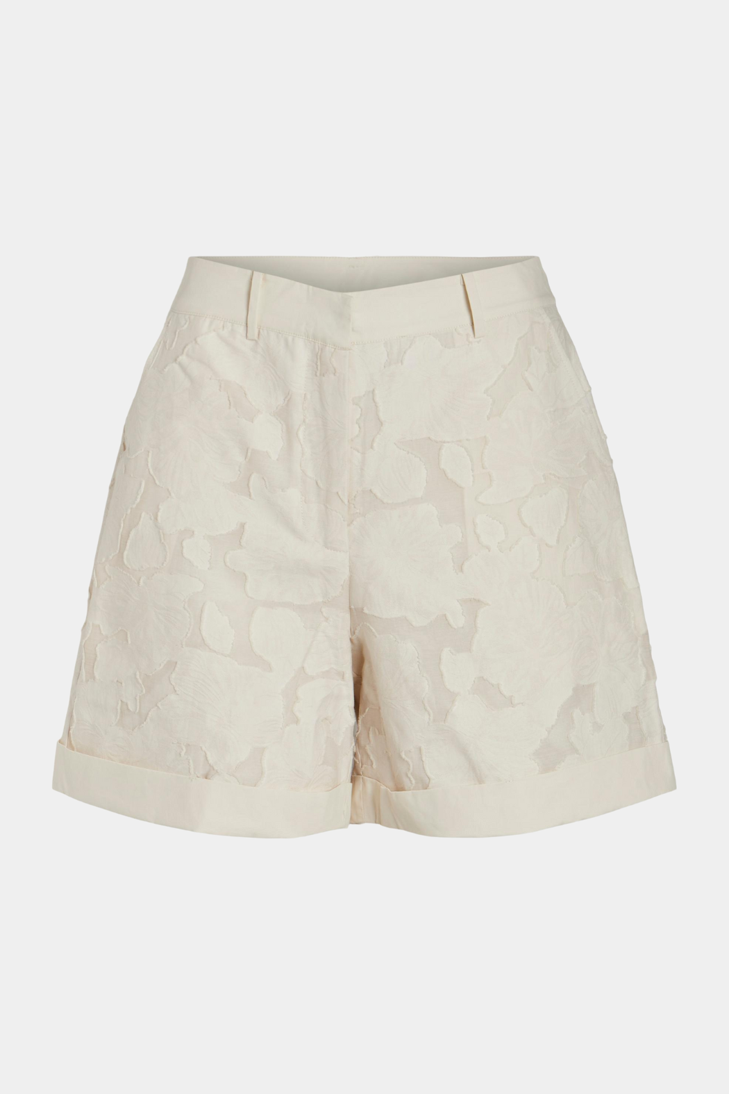 short, short, tailored, faconsyet, fast linning, bæltestropper, jacquard, blomster, print, vævet, opsmøg, råhvid, beige, lys, hvid, elegant, fin, feminin, boheme, kvinde, dame, woman