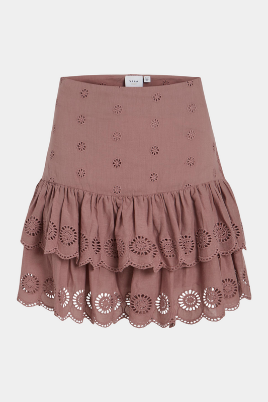 nederdel, skirt, broderi, anglaise, blomme, lila, kort, short, flæse, elegant, fin, feminin, hverdag, let, sommer, bomuld, kvinde, dame, woman