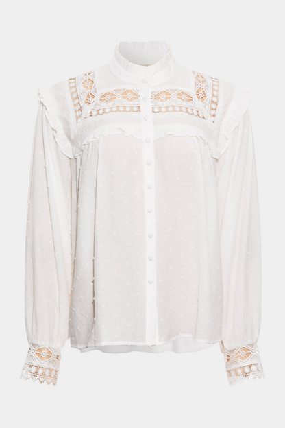 skjorte, shirt, blouse, bluse, skjortebluse, lace, blonde, broderi, anglaise, langærmet, hvid, white, prikker, struktur, strygefri, flæse, flæser, knapper, knalukning, løs, loose, elegant, fin, feminin, hverdg, fest, jacquard, kvinde, dame, woman