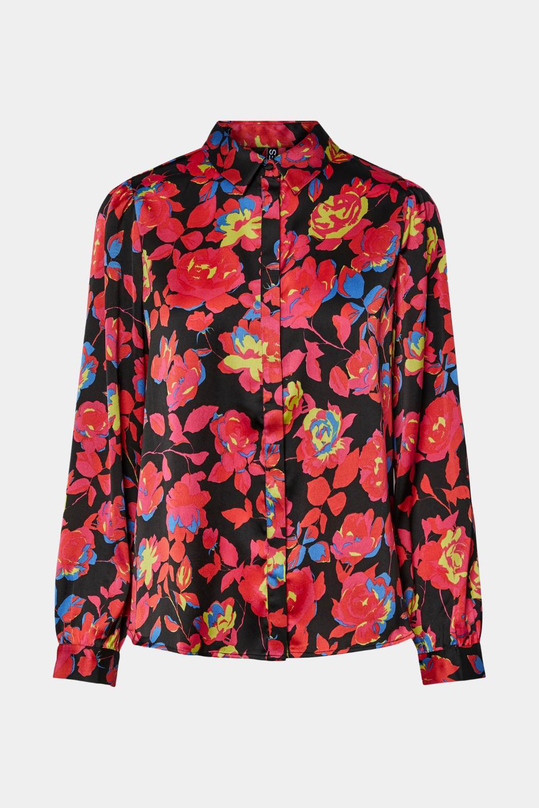 skjorte, shirt, print, mønster, blomster, flower, rød, pink, shiny, blank, silke, knapper, krave, faverig, fin, smuk, elegant, klassisk, feminin, pæn, rå, cool, sej, unik, musthave, hverdag, fest