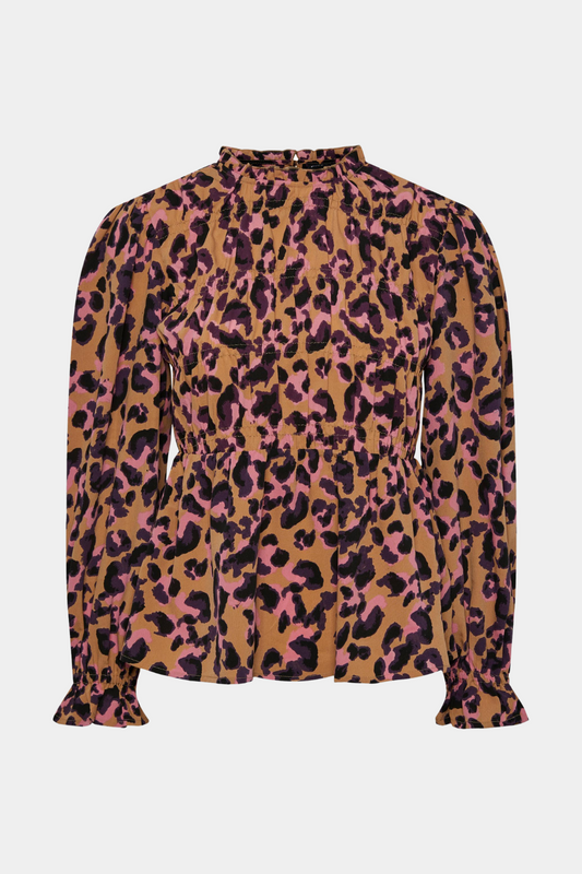 bluse, skjorte, leo, leopard, pink, brun, rundhals, smok, flæser, fin, smuk, elegant, klassisk, feminin, pæn, rå, cool, sej, unik, musthave, hverdag, fest