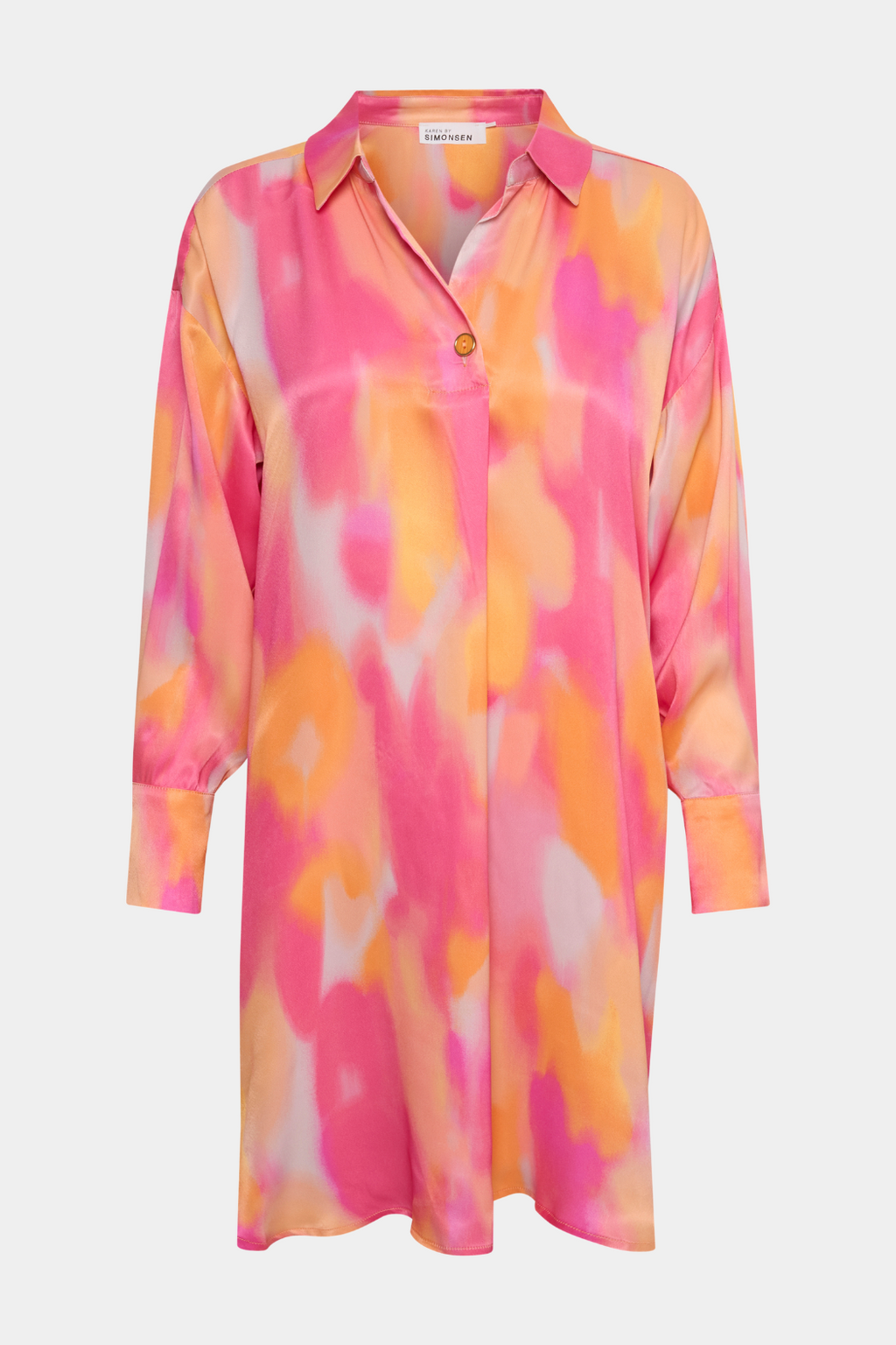shirt, skjorte, lang, long, tunika, print, colorsplash, watercolor, pink, orange, shiny, silke, satin, fin, smuk, elegant, klassisk, feminin, rå, cool, sej, unik, musthave, hverdag, fest