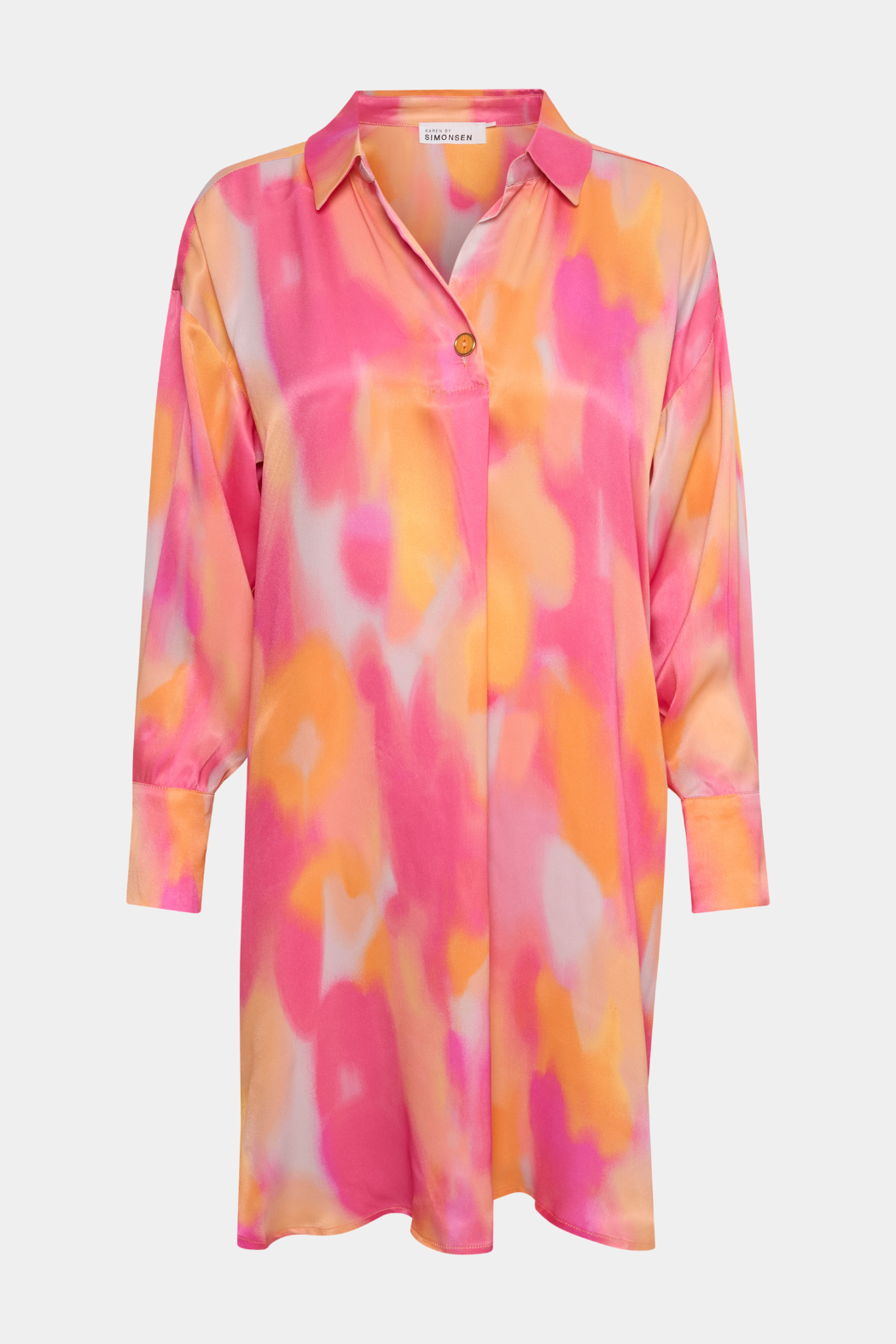 shirt, skjorte, lang, long, tunika, print, colorsplash, watercolor, pink, orange, shiny, silke, satin, fin, smuk, elegant, klassisk, feminin, rå, cool, sej, unik, musthave, hverdag, fest