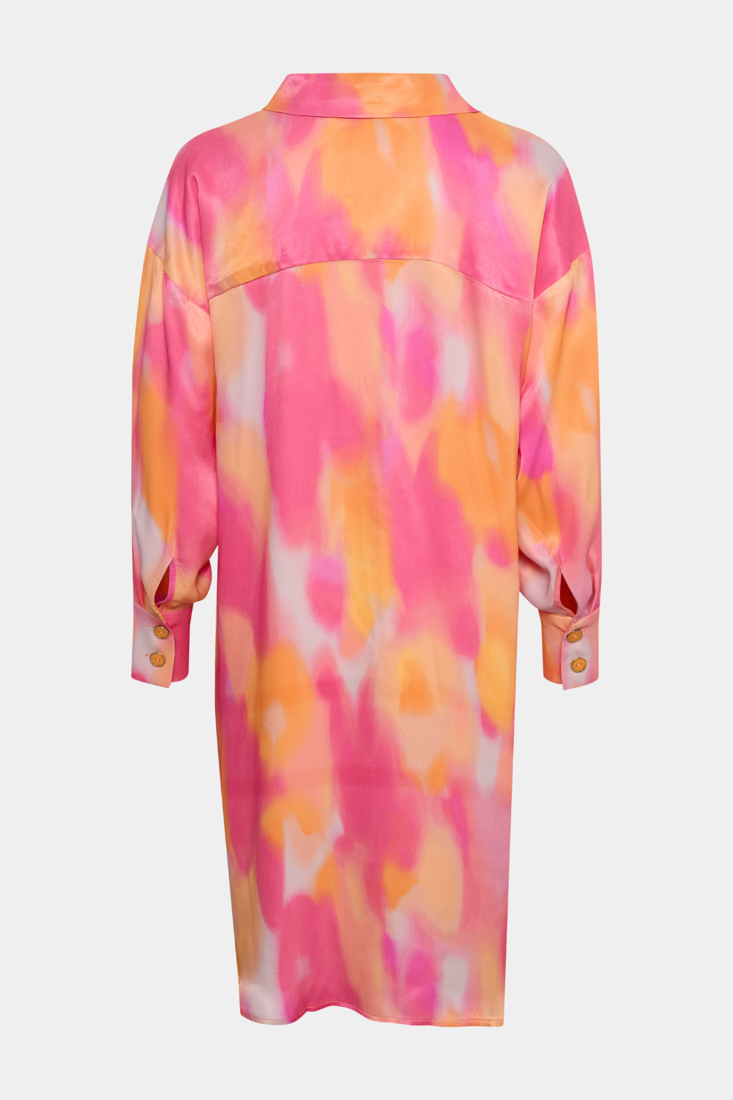 shirt, skjorte, lang, long, tunika, print, colorsplash, watercolor, pink, orange, shiny, silke, satin, fin, smuk, elegant, klassisk, feminin, rå, cool, sej, unik, musthave, hverdag, fest