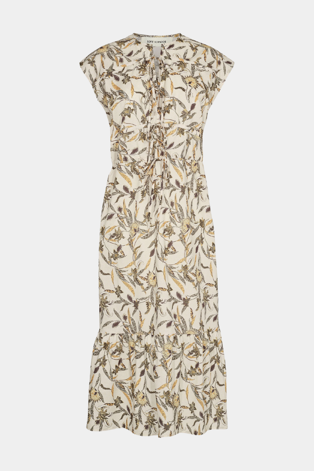 kjole, dress, maxi, lang, midi, løs, loose, print, mønster, beige, grøn, army, safari, kortærmet, SL, bindebånd, sløjge, flæse, flæser, bryllup, gæst, fest, feminin, hverdag, sommer, sommerkjole, elegant, casual, blød, soft, bomuld, cotton, kvinde, dame, woman