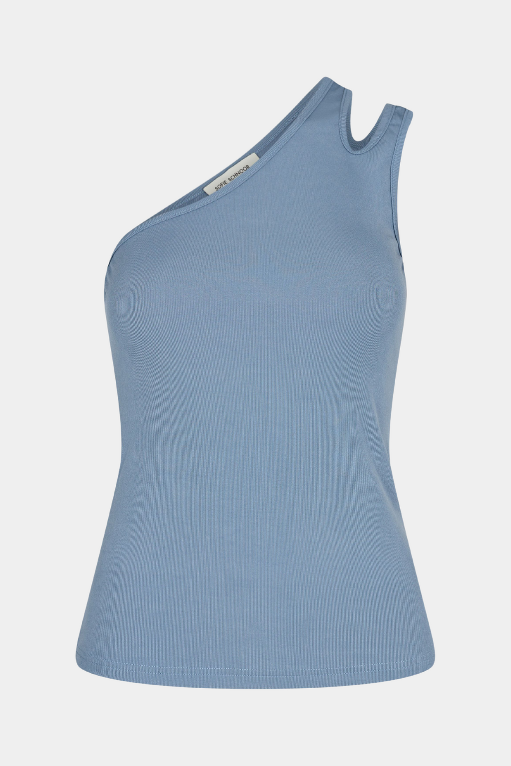 top, bluse, kortærmet, one shoulder, tætsiddende, stram, rib, blød, soft, stretchy, elastisk, blue, blå, støvet, lyseblå,, cool, rå, sommer, hverdag, fin, fest basic, basis, kvinde, dame, woman
