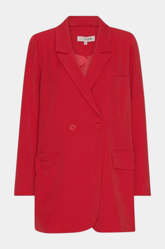 jakke, frakke, blazer, blazerjakke, habit, habitjakke, jakkesæt, dobbeltradet, knapper, revers, rød, postkasserød, oversize, fin, smuk, elegant, klassisk, feminin, pæn, rå, cool, sej, unik, anderledes, hverdag, fest