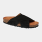sandal, kryds, krydssandal, ruskind, suede, black, sort, blød, soft, kork, skum, memory skum, sommersandal, elegant, fin, feminin, blød, soft, komfortabel