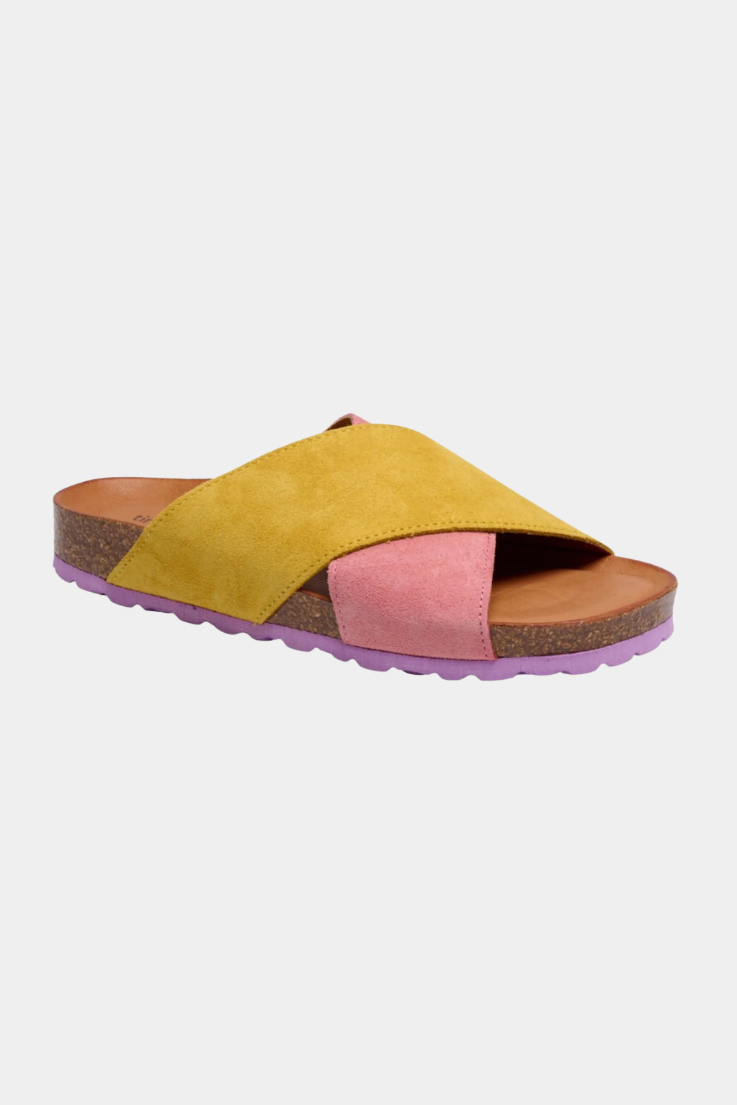 sandal, flad, flat, birkenstock, kork, cork, blød, soft, memory, memoryskum, læder, leather, skind, lammeskind, pink, lyserød, gul, yellow, lilla, lilac, purple, kryds, krydsrem, hverdag, fin, fest, sommer, sommersandal, hverdagssandal, kvinde, dame, woman