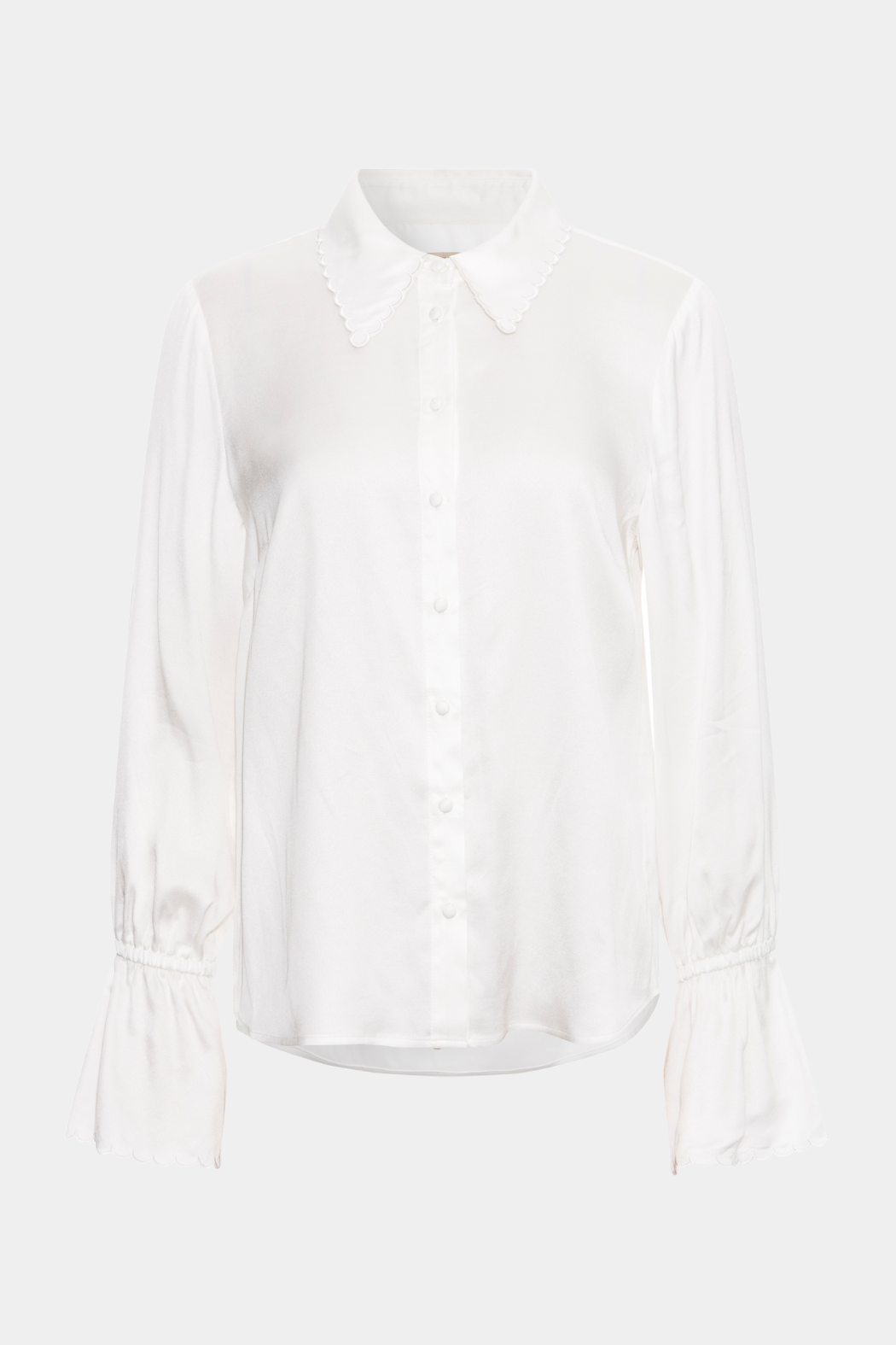 skjorte, shirt, blouse, bluse, krave, revers, stolpelukning, tungekant, flæse, elastik, pufærme, ballonærme, puf, hvid, white, råhvid, løs, loose, løstsiddende, elegant, fin, feminin, strygefri, let, hverdag, fest, cool, rå, kvinde, dame, woman