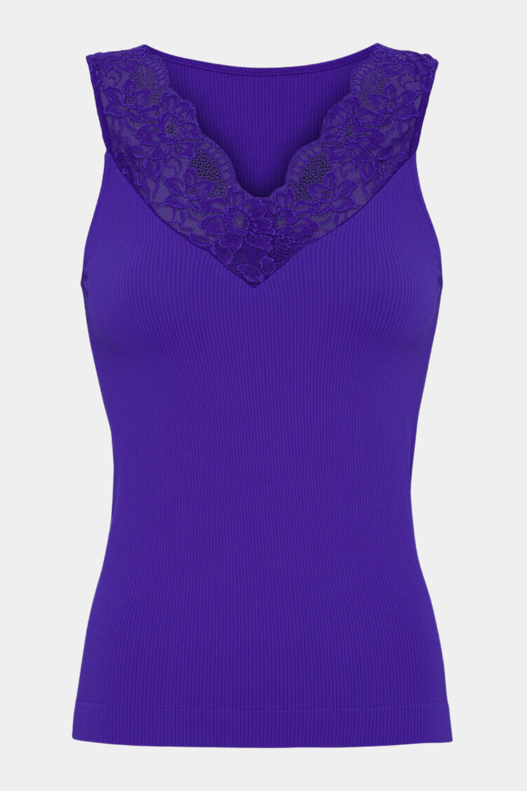 top, bluse, blouse, lilla, purple, neon, lace, blonde, rib, stretchy, elastik, mikrofiber, microfiber, kvinde, dame, woman, farveægte, allergivenlig