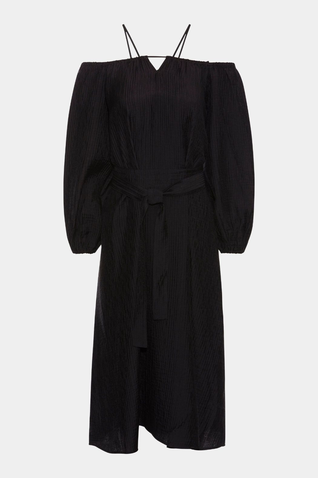 kjole, dress, stropkjole, trekvart, elastik, 3/4, løs, loose, a-shape, struktur, blød, soft, luftig, let, sommer, sommerkjole, bæte, bindebånd, talje, elegant, fin, feminin, sort, black, hverdag, fest, kvinde, dame, woman