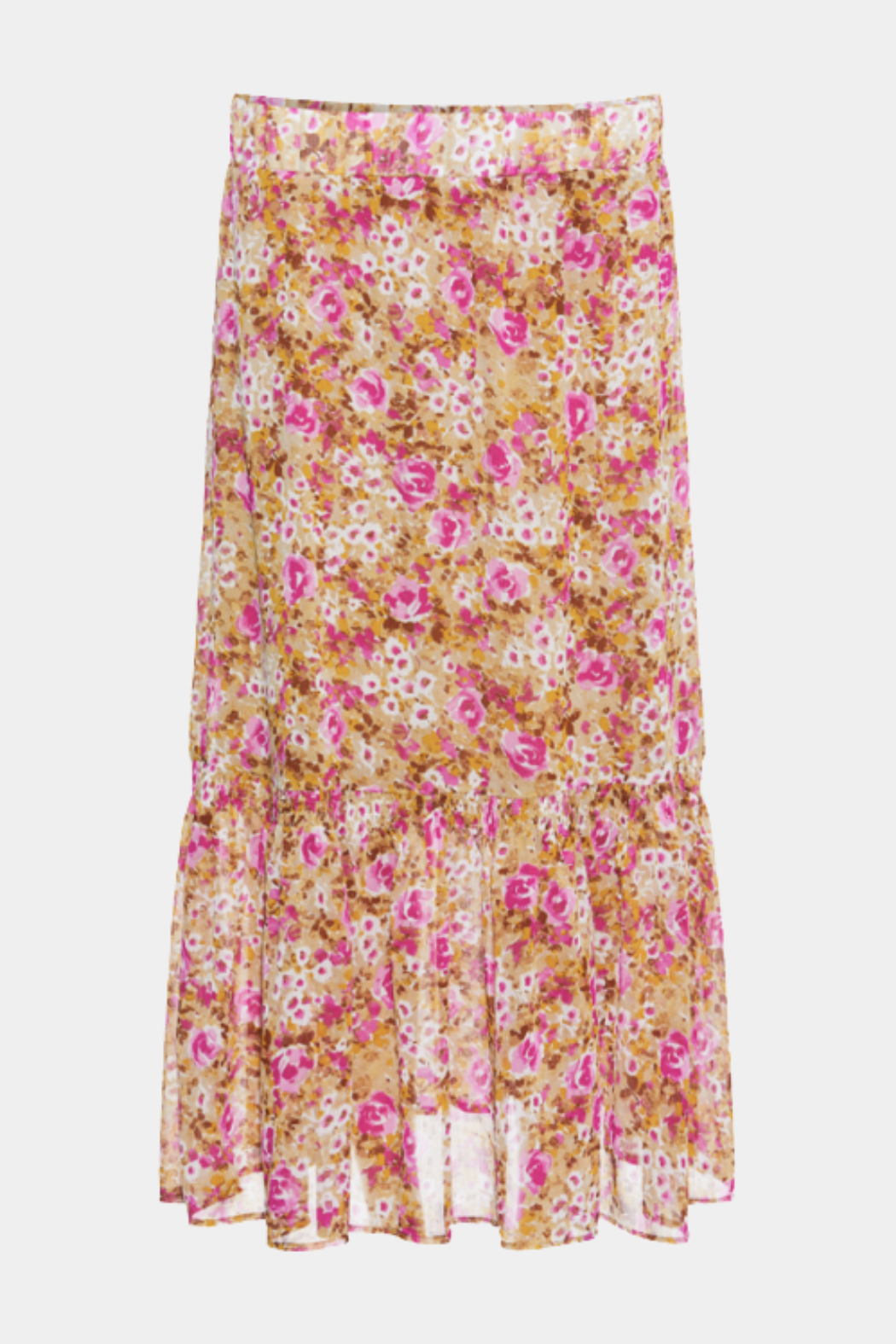 nederdel, skirt, maxi, maxiskirt, blomster, flower, print, flæse, smock, elastik, pink, beige, brun, sommer, summer, feminin, fin, elegant, hverdag, fest, kvinde, dame, woman