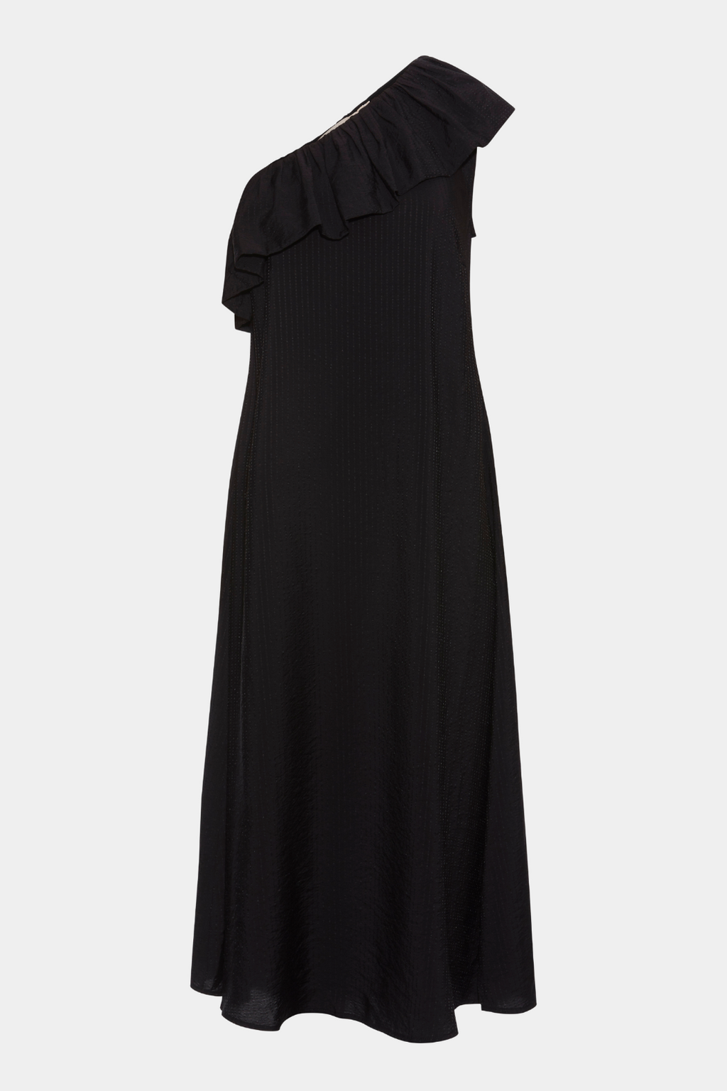 kjole, dress, fløse, sort, black, seer sucker, bæk og bølge, struktur, mønster, løs, loose, a-shape, one shoulder, sort, black, elegant, fin, feminin, let, sommer, sommerkjole, kvinde, dame, woman