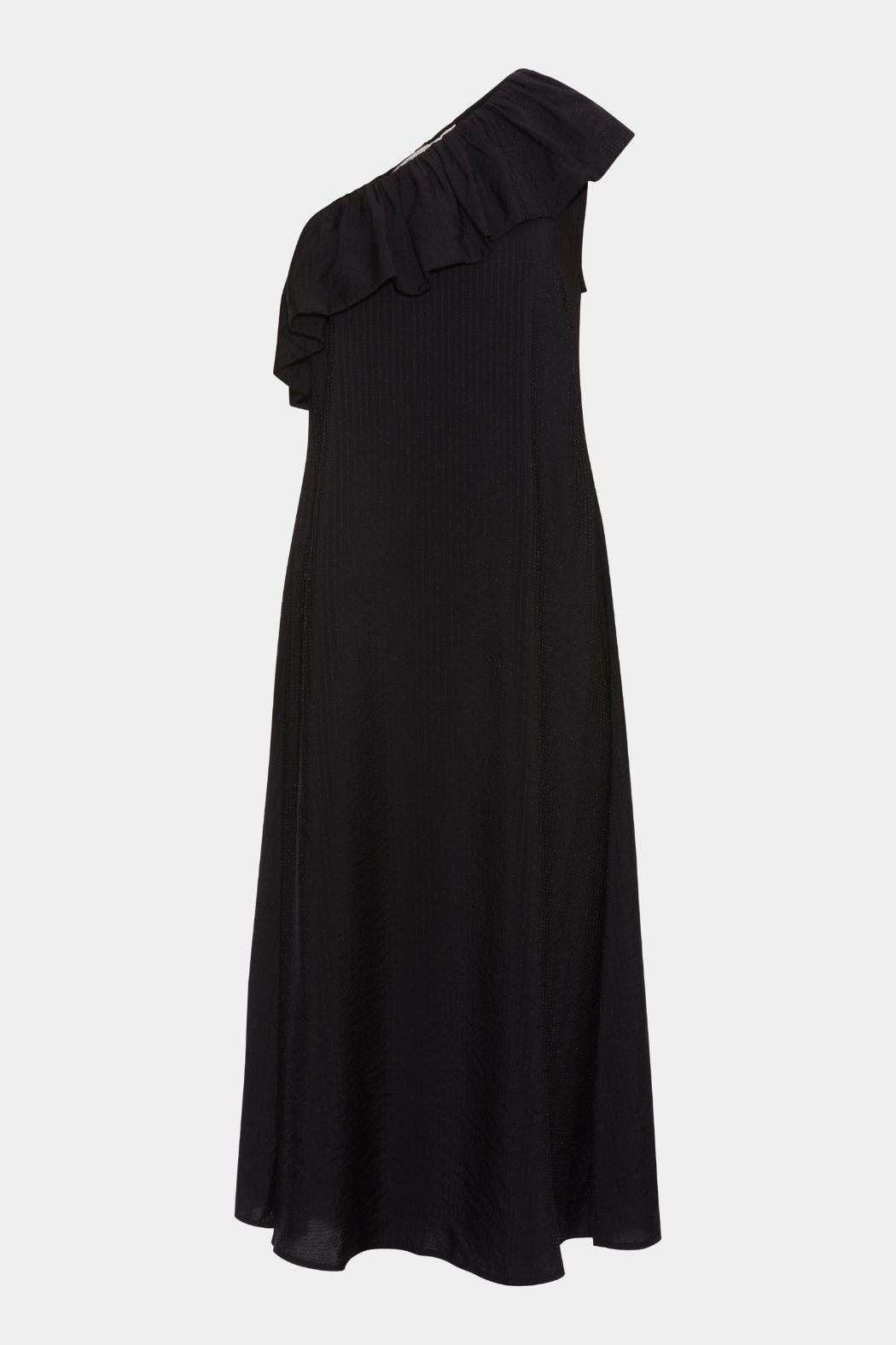 kjole, dress, fløse, sort, black, seer sucker, bæk og bølge, struktur, mønster, løs, loose, a-shape, one shoulder, sort, black, elegant, fin, feminin, let, sommer, sommerkjole, kvinde, dame, woman