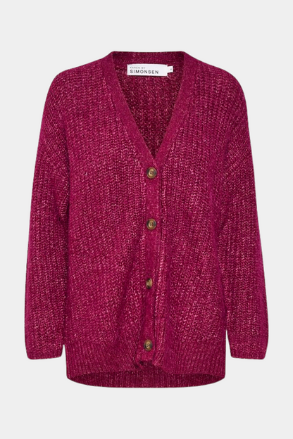 cardigan, trøje, strik, knit, pullover, strikket, rød, pink, lilla, hindbær, raspberry, meleret, knapper, button, langærmet, loose, løs, oversize, hverdag, fin, fest, elegant, blød, soft, varm, warm, vinter, efterår, forår, dame, kvinde, woman