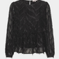 bluse, blouse, shirt, langærmet, glimmer, glitter, fest, festbluse, festtop, print, mønster, sort, black, peplum, flæse, elegant, fin, feminin, hverdag, kvinde, dame, woman, celebration, festlig