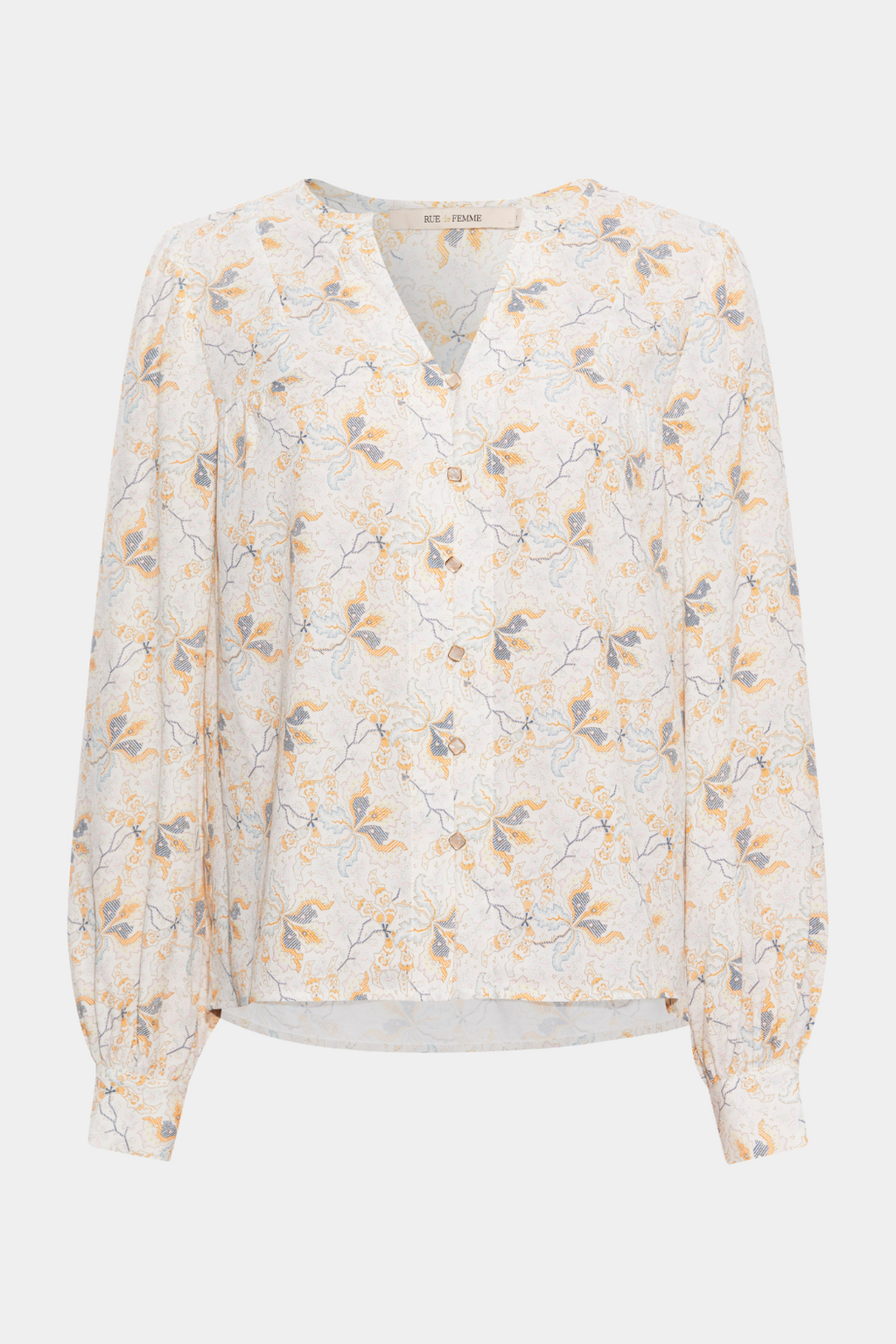 bluse, blouse, shirt, skjorte, skjortebluse, print, orientalsk, boheme, sommer, sommerfarver, sommerprint, orange, koral, detaljer, knapper, v-hals, løs, loose, let, luftig, elegant, fin, feminin, hverdag, fest, kvinde, dame, woman