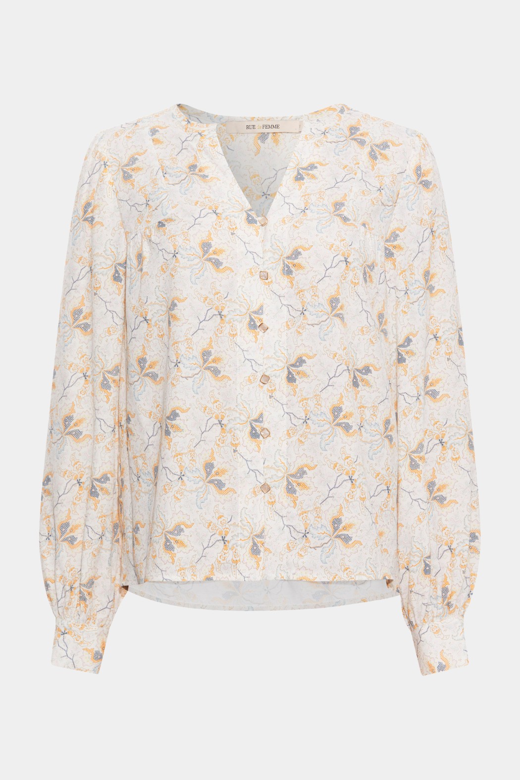 bluse, blouse, shirt, skjorte, skjortebluse, print, orientalsk, boheme, sommer, sommerfarver, sommerprint, orange, koral, detaljer, knapper, v-hals, løs, loose, let, luftig, elegant, fin, feminin, hverdag, fest, kvinde, dame, woman