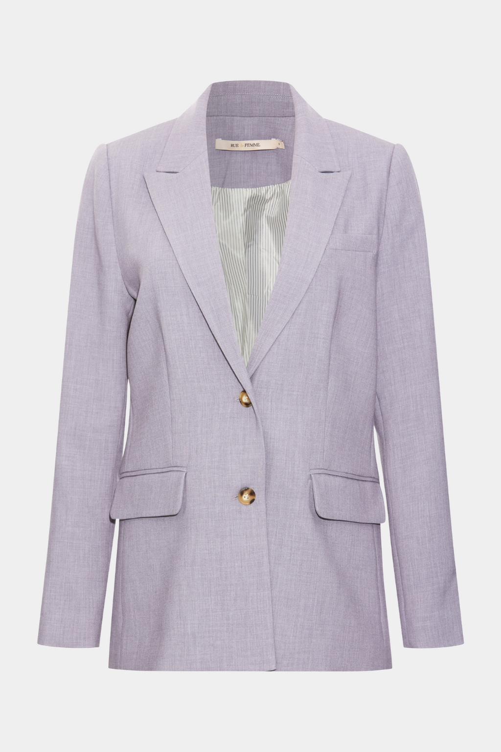blazer, jakke, blazerjakke, habit, habitjakke, oversize, loose, løs, lilla, purple, lilac, lavendel, lys, meleret, revers, lommer, lang, casual, hverdag, fin, fest, elegant, feminin, cool, rå, business, arbejde, work, kvinde, dame, woman