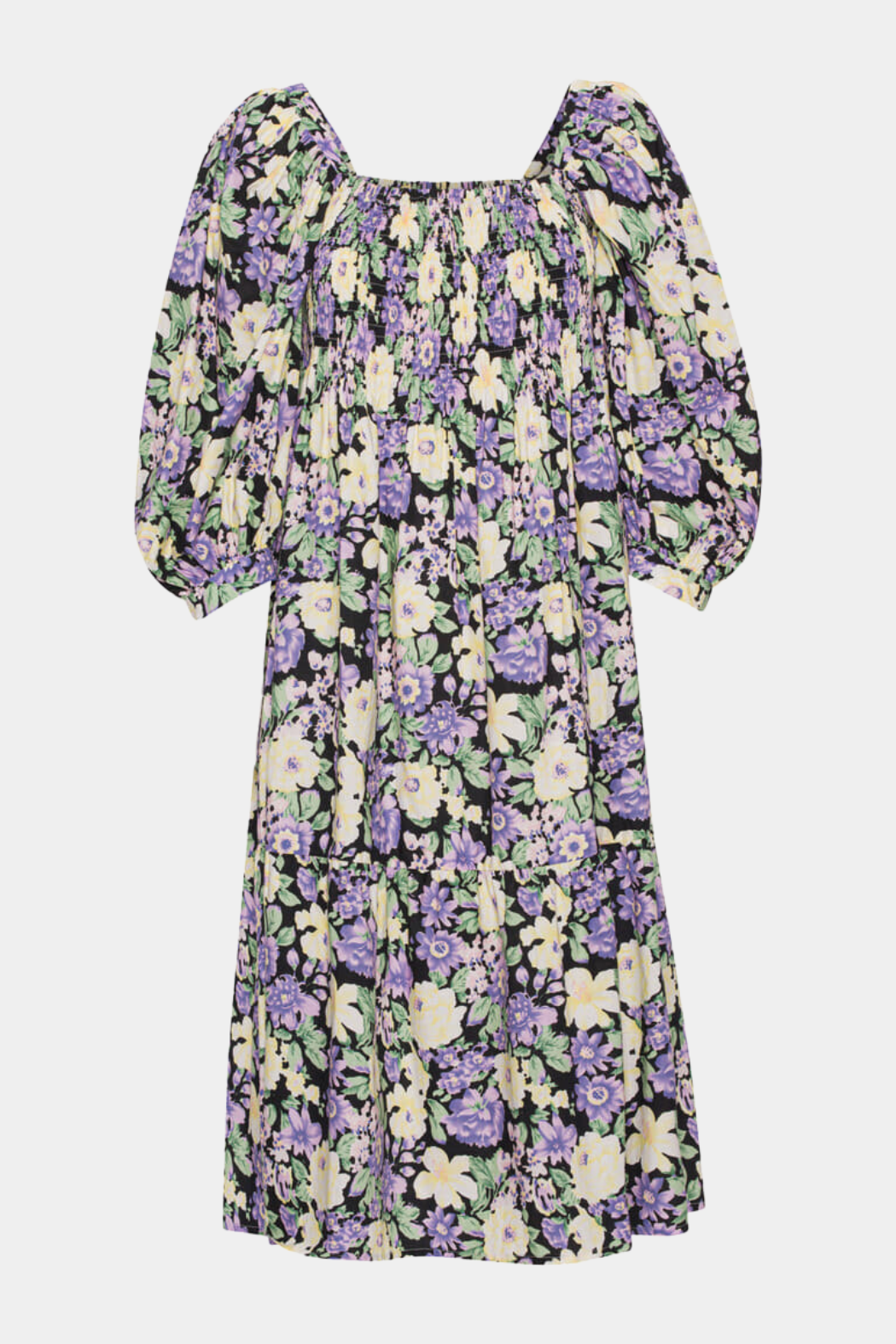 kjole, dress, midi, maxi, bomuld, cotton, trekvart, 3/4, smock, elastik, blomster, a-shape, flæse, udskæring, firkantet, ballon, puf, elegant, fin, feminin, hverdag, fest, dame, kvinde, woman
