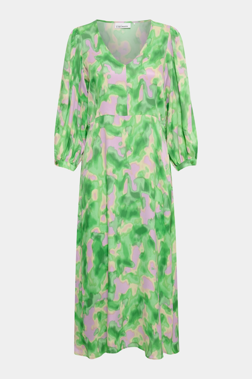 kjole, dress, lang, maxi, midi, løs, loose, trekvart, v-hals, ballonærme, taljeret, sommerkjole, grøn, green, print, neon, kvinde, dame, woman