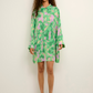kjole, dress, skjortekjole, grøn, green, print, neon, kort, short, løs, loose, krave, sommer, sommerkjole, elegant, fin, feminin, satin, silke, kvinde, dame, woman