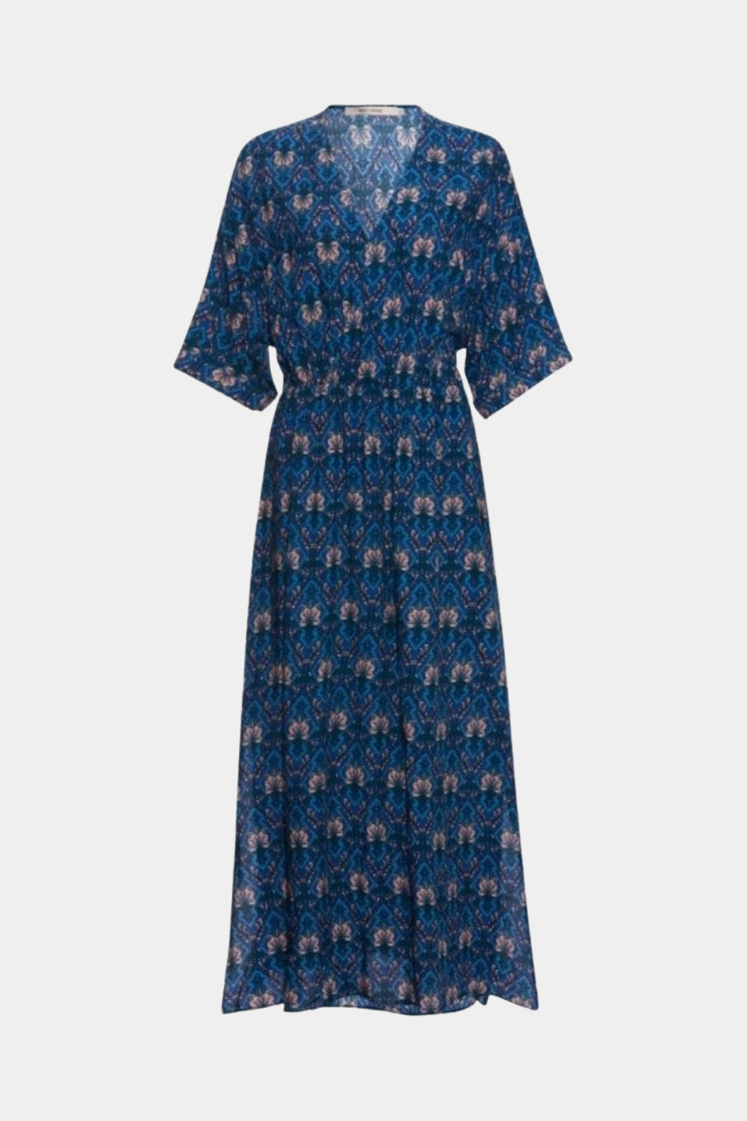 kjole, dress, lang, maxi, maxikjole, blå, navy, mørkeblå, blød, luftig, let, print, orientalsk, elastik, viskose, fin, smuk, elegant, klassisk, feminin, cool, rå, sej, skøn, unik, musthave, hverdag, fest, sommer, sol, strand