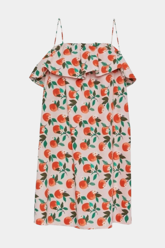 kjole, dress, kort, short, midi, mini, mellem, print, frugt, frugter, fruits, appelsiner, citrus, orange, flæse, stropper, let, fin, smuk, elegant, klassisk, feminin, rå, cool, sej, skøn, unik, musthave, sommer, sol, strand, hverdag, fest